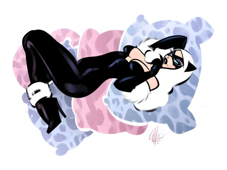 A stylized pin-up of Black Cat in a latex cat suit; she's laying on pink and blue pillows.