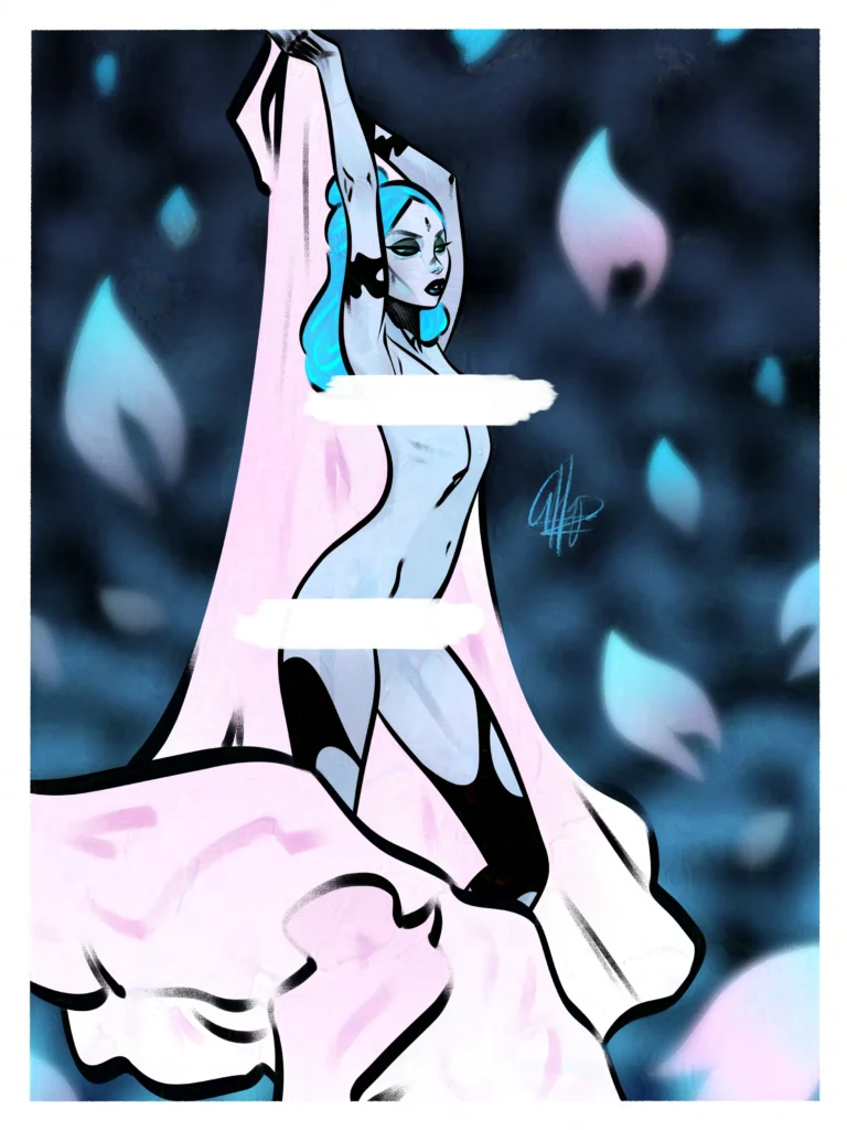 A Stylized illustration of a woman freely standing in blue flames.