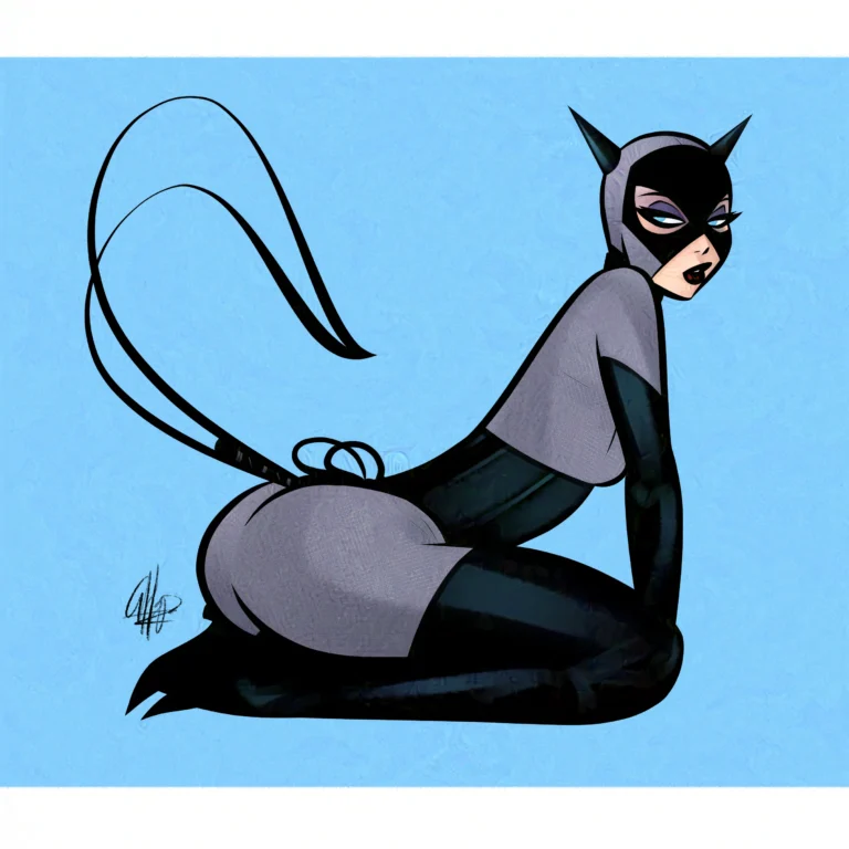 A stylized illustration of Catwoman sitting in front of a light blue backdrop.