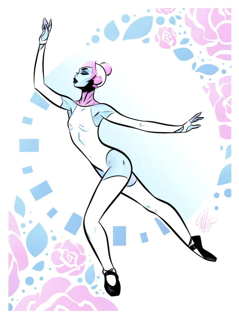 A mechanical ballerina with a clock made of blue and pink flowers and leaves.