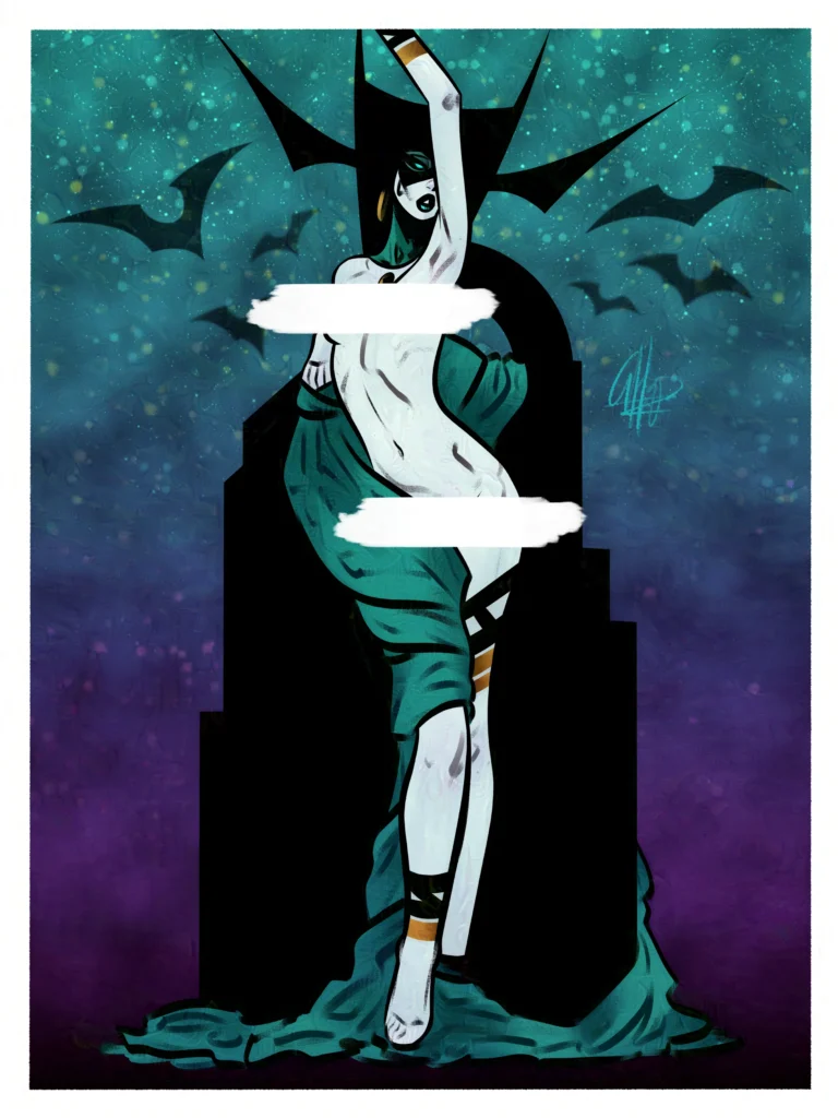 Hela standing in front of an obelisk of Hel; she's embraced by a green cloak and surrounded by black bats.