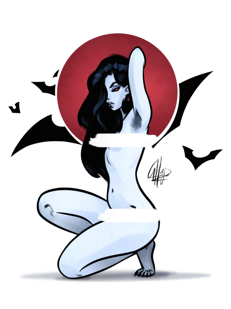Marceline sits in front of a blood moon and bats.