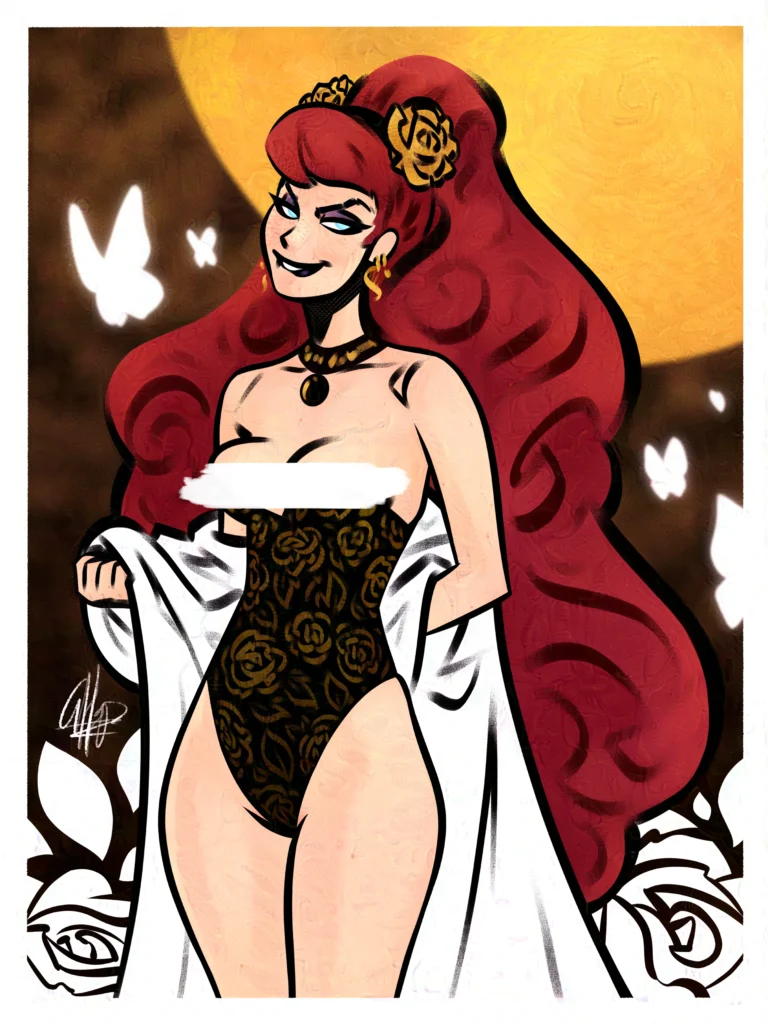 The mythic Pandora disrobes revealing a sleek, modern corset; she stands in front of a sun surrounded by white roses and butterflies.
