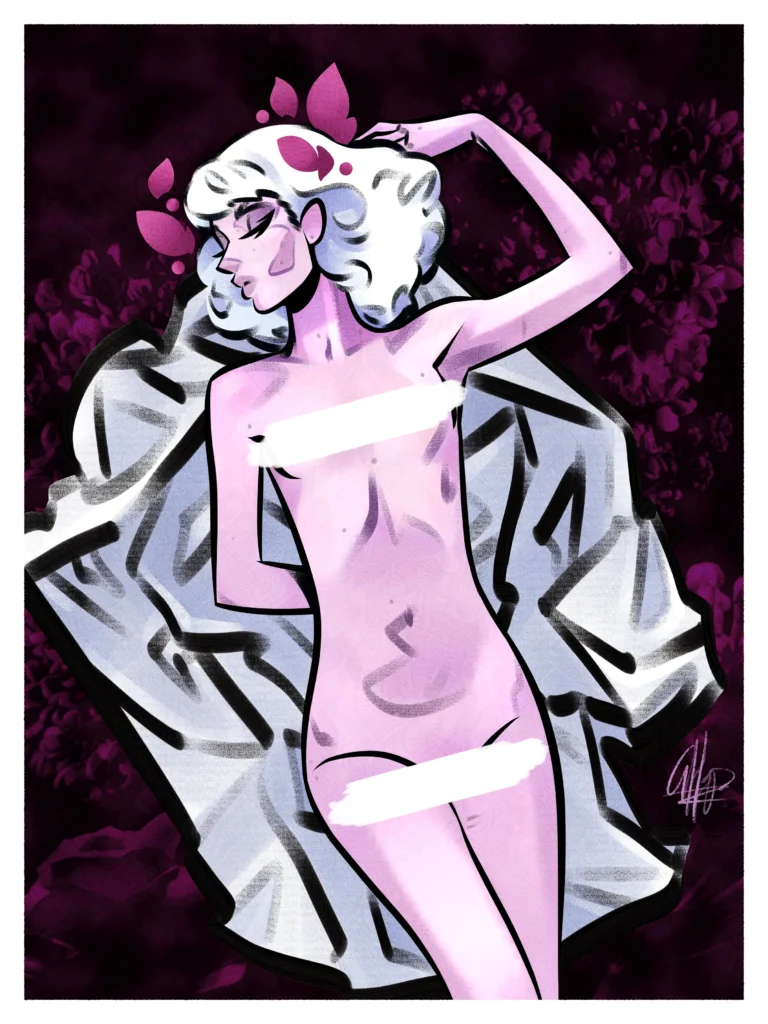 A Pink Woman laying on white fabric surrounded by a pink-black void.