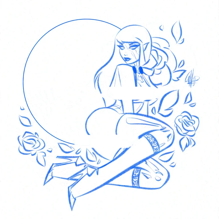 A stylized pin-up of Red Riding Hood sitting in front of a moon surrounded by roses and leaves