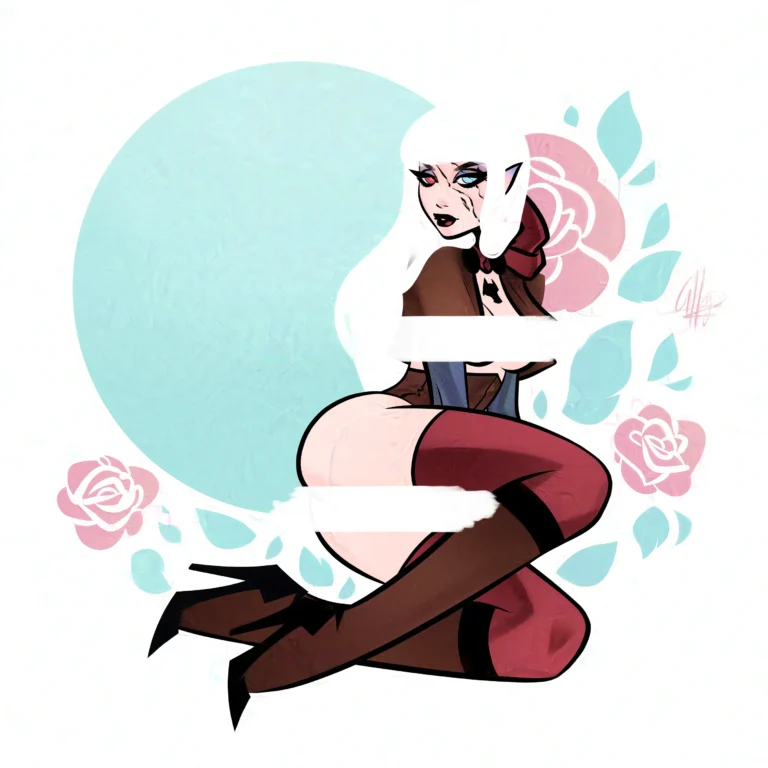 A stylized pin-up of a white-haired Red Riding Hood sitting in front of a blue moon surrounded by pink roses and blue leaves