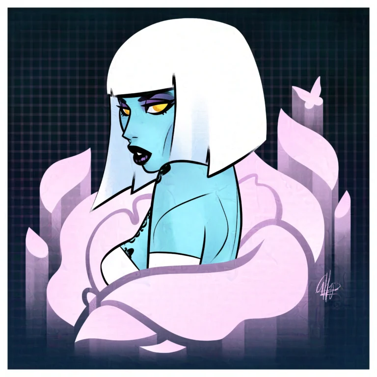 A stylized portrait of a blue woman with white hair; she's surrounded by pink petals and butterflies. The Background is a dark blue and pink-lined retro-wave grid.