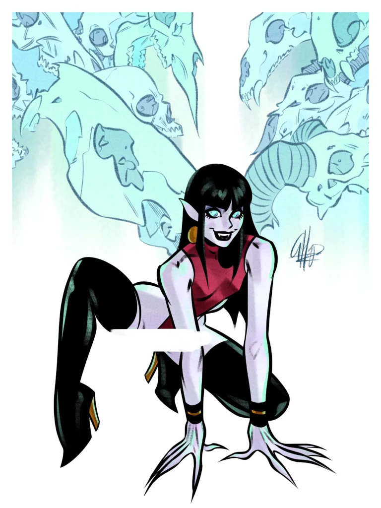 Vampirella sits perched with a sinister yet jolly grin; her wings boldly span the canvas. Her wings are pure power; they're composed of an ethereal blue and ghastly skulls.