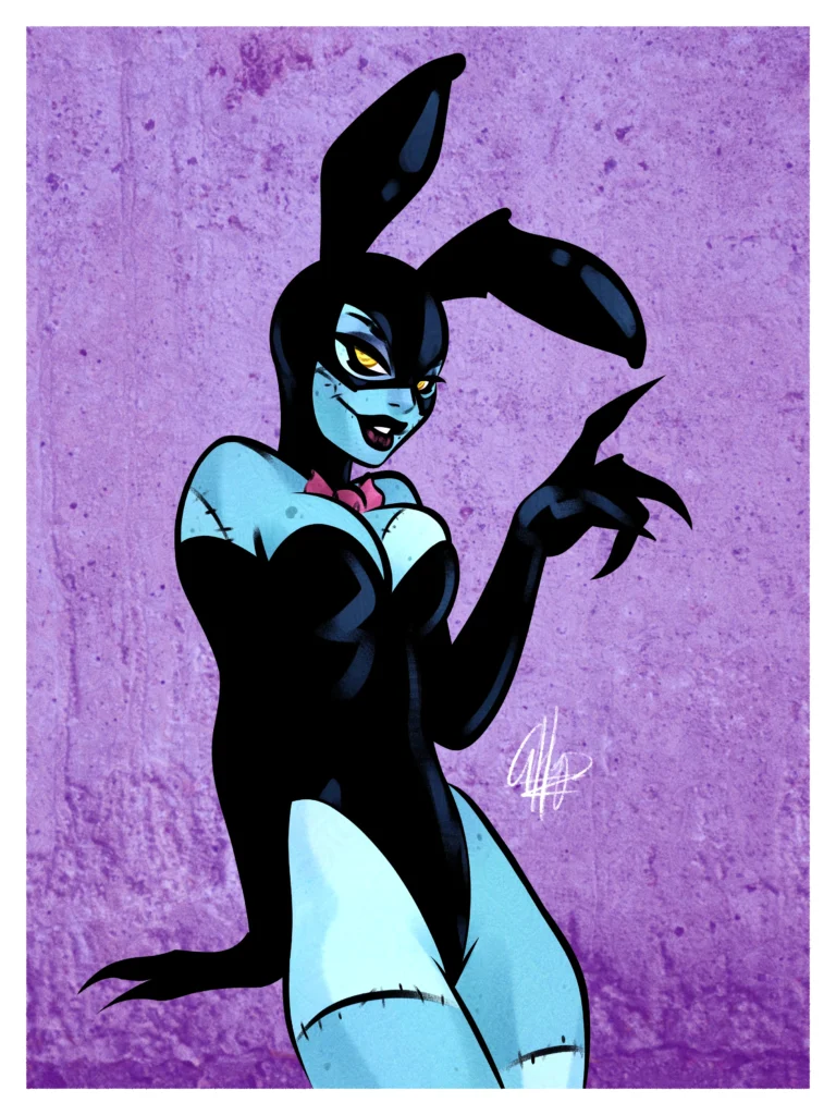 A blue monster-girl in a latex bunny suit stands in front of a grungy concrete wall.